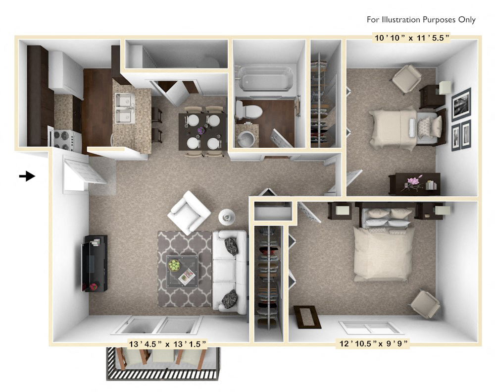 Floor plan for 2 beds, 1 bath, 700 sqft